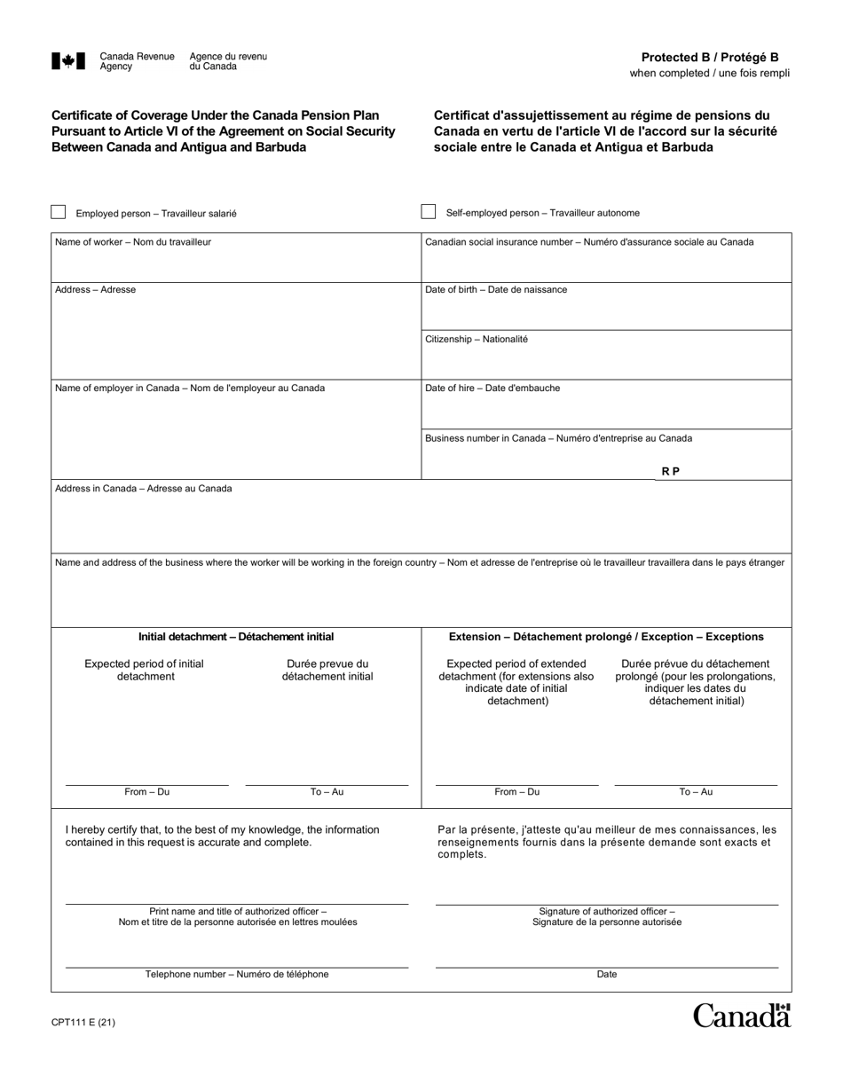 Form CPT111 Certificate of Coverage Under the Canada Pension Plan Pursuant to Article VI of the Agreement on Social Security Between Canada and Antigua and Barbuda - Canada (English / French), Page 1