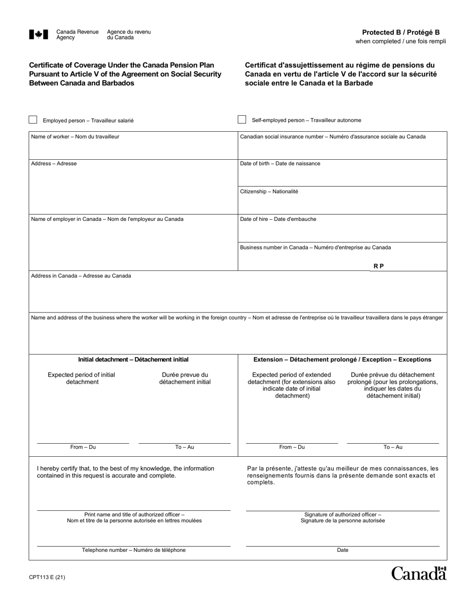 Form CPT113 Certificate of Coverage Under the Canada Pension Pursuant to Article V of the Agreement on Social Security Between Canada and Barbados - Canada (English / French), Page 1