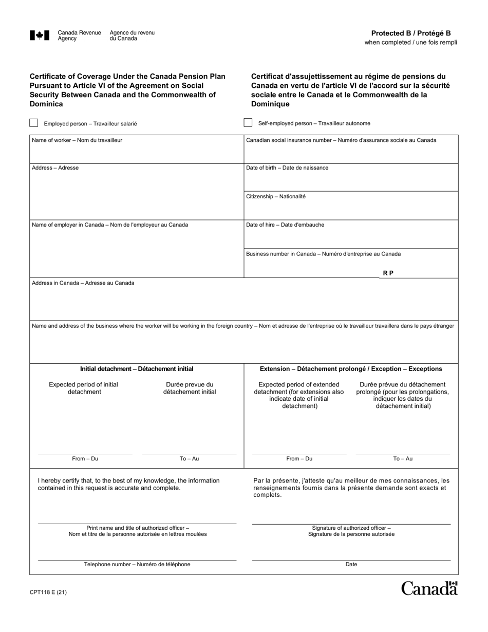 Form CPT118 Certificate of Coverage Under the Canada Pension Plan Pursuant to Article VI of the Agreement on Social Security Between Canada and the Commonwealth of Dominica - Canada (English / French), Page 1