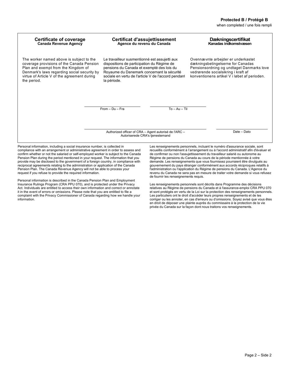 Form CPT117 Certificate of Coverage Under the Canada Pension Plan Pursuant to Article V of the Agreement on Social Security Between Canada and the Kingdom of Denmark - Canada (English / Danish / French), Page 2