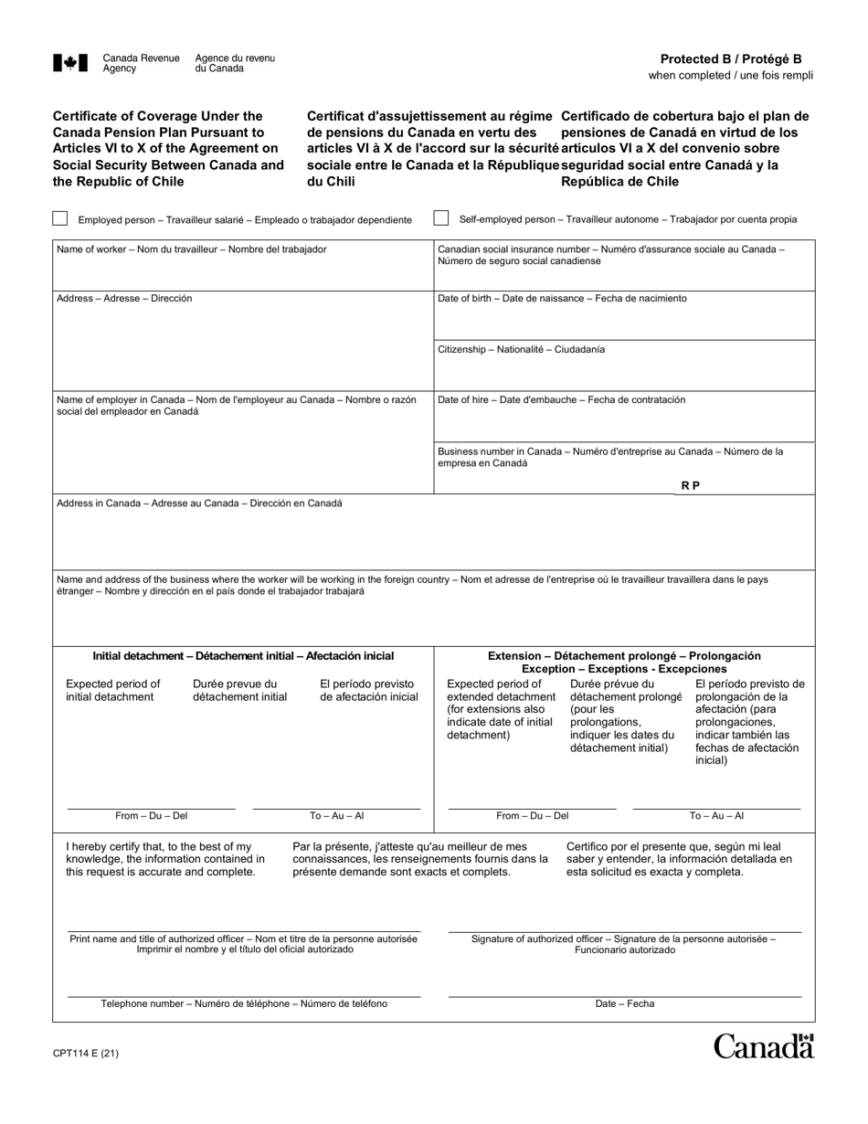 Form CPT114 Certificate of Coverage Under the Canada Pension Plan Pursuant to Articles VI to X of the Agreement on Social Security Between the Government of Canada and the Government of the Republic of Chile - Canada (English / Spanish / French), Page 1