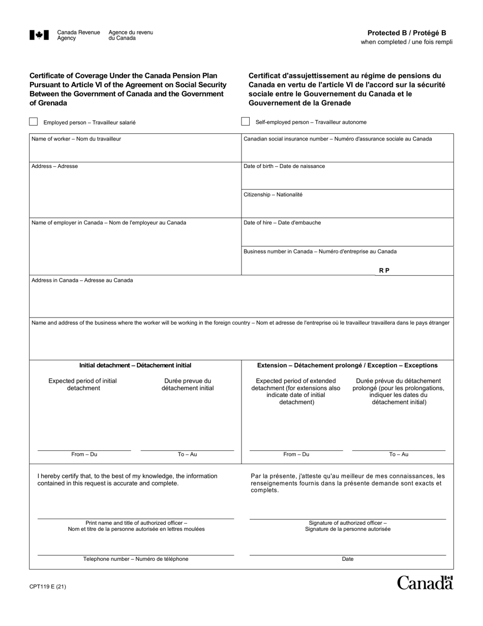 Form CPT119 Certificate of Coverage Under the Canada Pension Plan Pursuant to Article VI of the Agreement on Social Security Between the Government of Canada and the Government of Grenada - Canada (English / French), Page 1