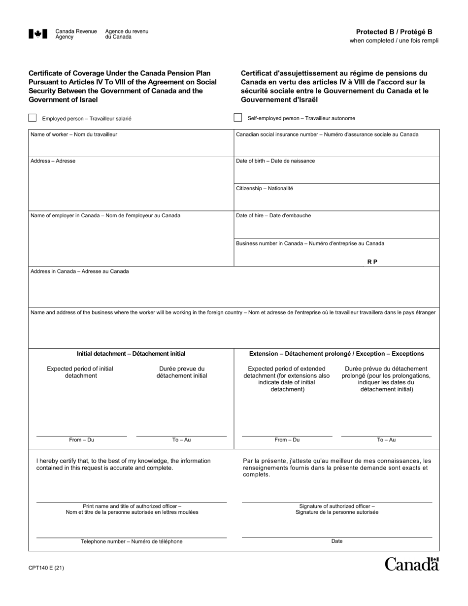 Form CPT140 Certificate of Coverage Under the Canada Pension Plan Pursuant to Articles VI to VIII of the Agreement on Social Security Between Canada and Israel - Canada (English / French), Page 1