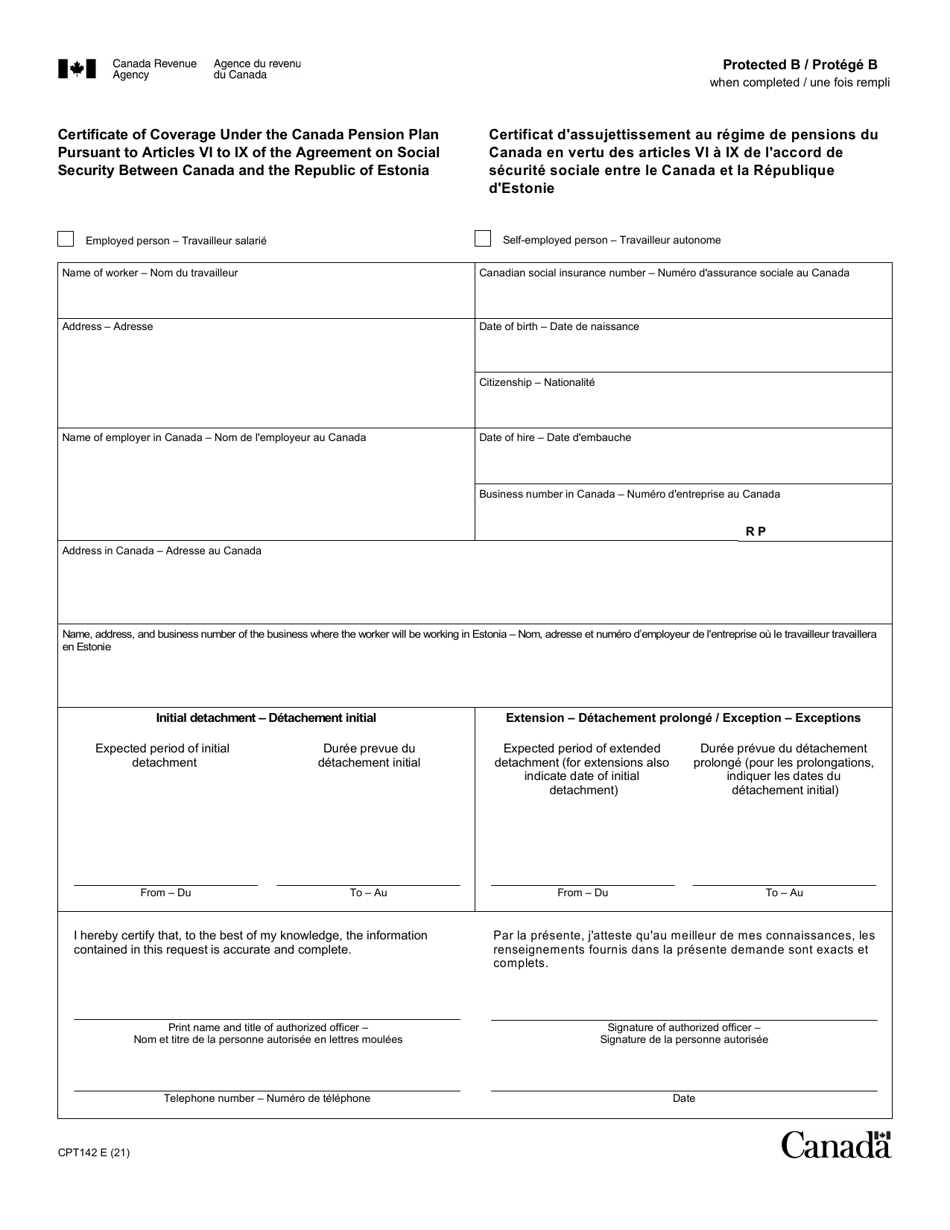 Form CPT142 Certificate of Coverage Under the Cpp Pursuant to Article VI to IX of the Agreement on Social Security Between Canada and the Republic of Estonia - Canada (English / French), Page 1