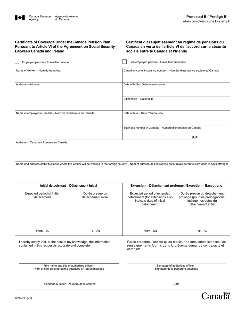 Form CPT50 Certificate of Coverage Under the Canada Pension Plan Pursuant to Article VI of the Agreement on Social Security Between Canada and Ireland - Canada (English / French), Page 1