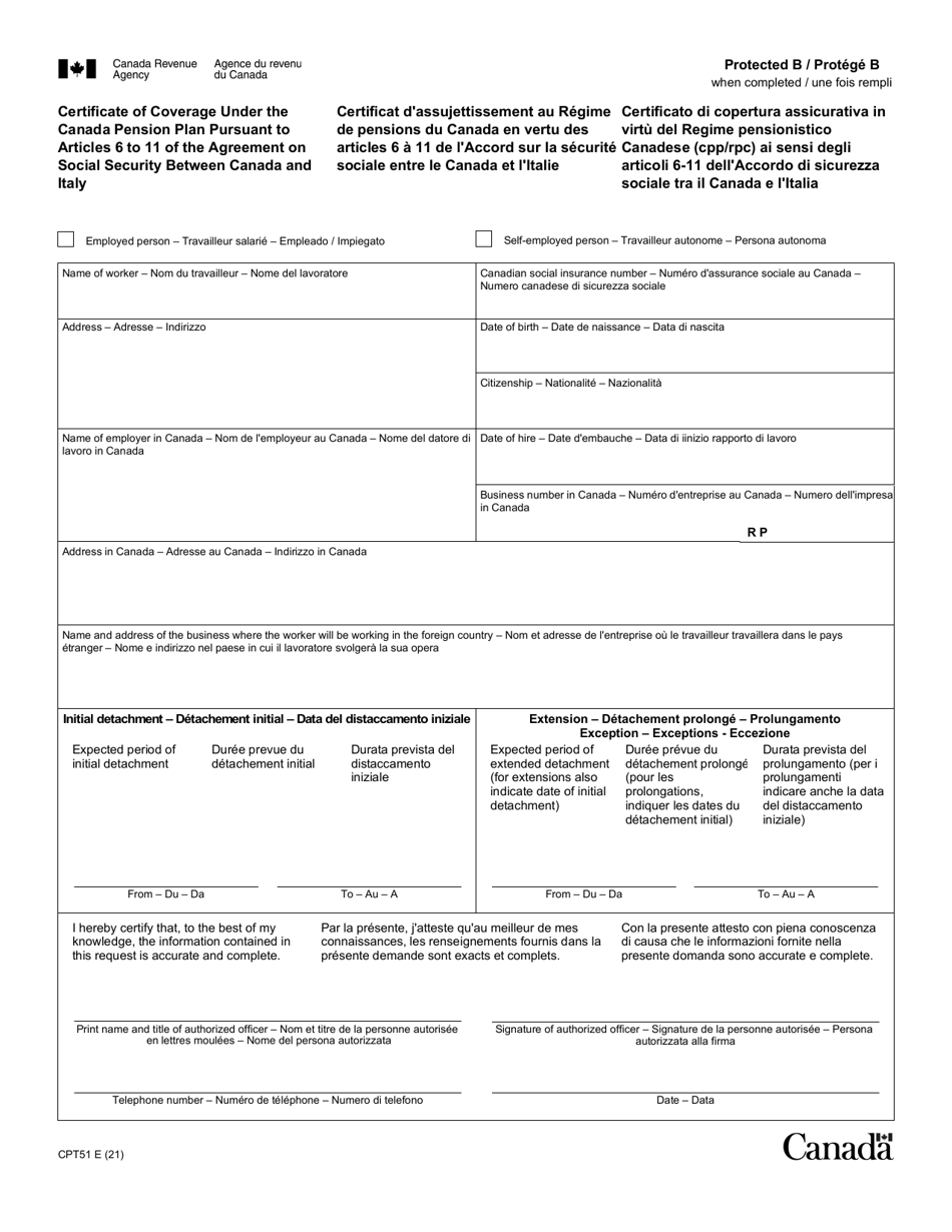 Form CPT51 Certificate of Coverage Under the Canada Pension Plan Pursuant to Articles 6 to 11 of the Agreement on Social Security Between Canada and Italy - Canada (English / Italian / French), Page 1