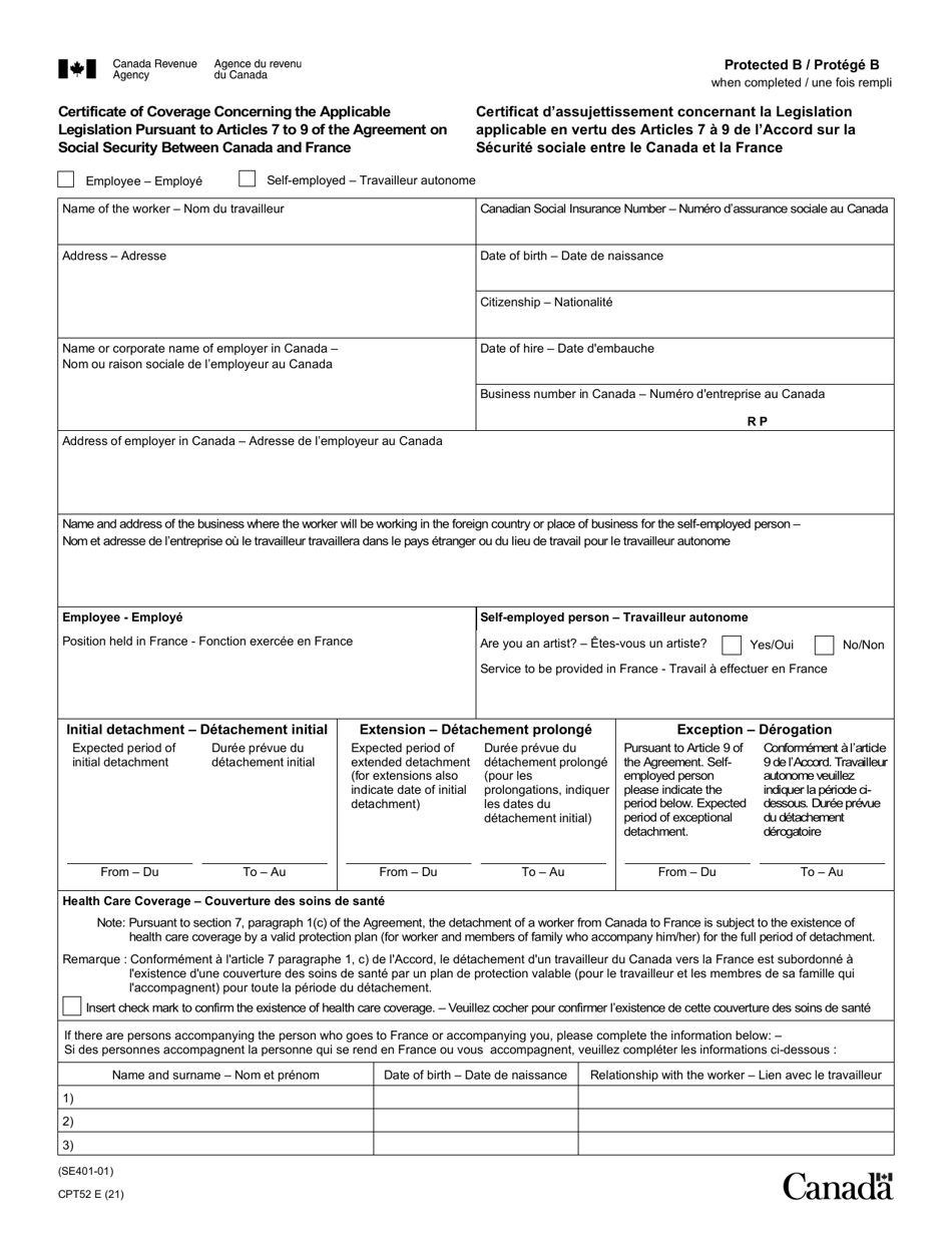 Form CPT52 Certificate of Coverage Under the Canada Pension Plan Pursuant to Article VII of the Agreement on Social Security Between Canada and France - Canada (English / French), Page 1