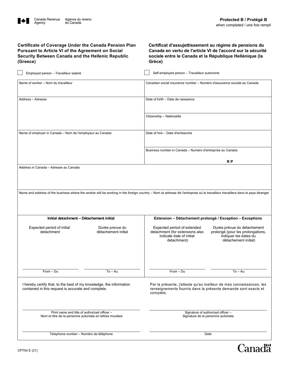 Form CPT54 Certificate of Coverage Under the Canada Pension Plan Pursuant to Article VI of the Agreement on Social Security Between Canada and the Hellenic Republic (Greece) - Canada (English / French), Page 1