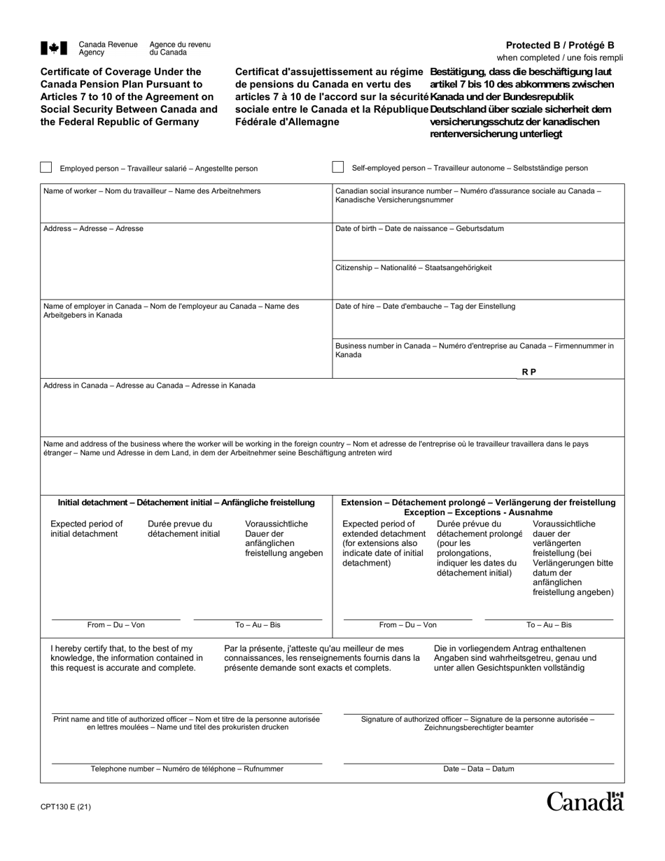 Form CPT130 Certificate of Coverage Under the Canada Pension Plan Pursuant to Articles 7 to 10 of the Agreement on Social Security Between Canada and the Federal Republic of Germany - Canada (English / French / German), Page 1