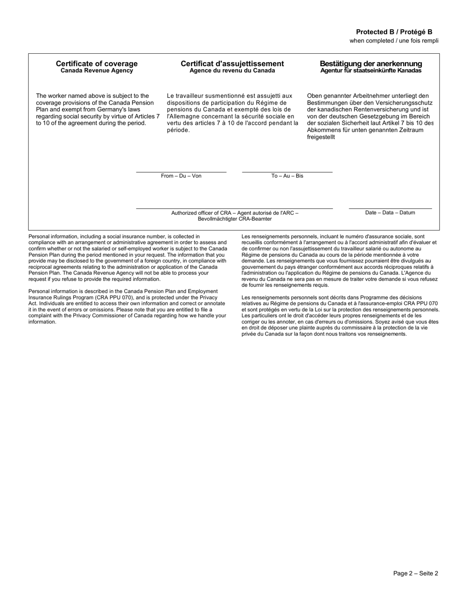 Form CPT130 Certificate of Coverage Under the Canada Pension Plan Pursuant to Articles 7 to 10 of the Agreement on Social Security Between Canada and the Federal Republic of Germany - Canada (English / French / German), Page 2