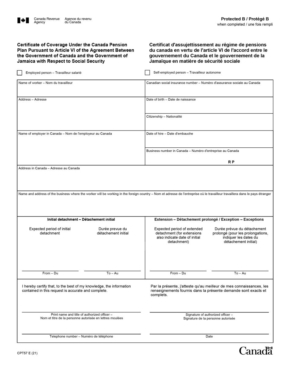 Form CPT57 Certificate of Coverage Under the Canada Pension Plan Pursuant to Article VI of the Agreement on Social Security Between Canada and Jamaica - Canada (English / French), Page 1