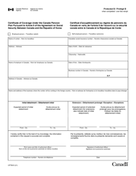 Document preview: Form CPT58 Certificate of Coverage Under the Canada Pension Plan Pursuant to Article 5 of the Agreement on Social Security Between Canada and the Republic of Korea - Canada (English/French)