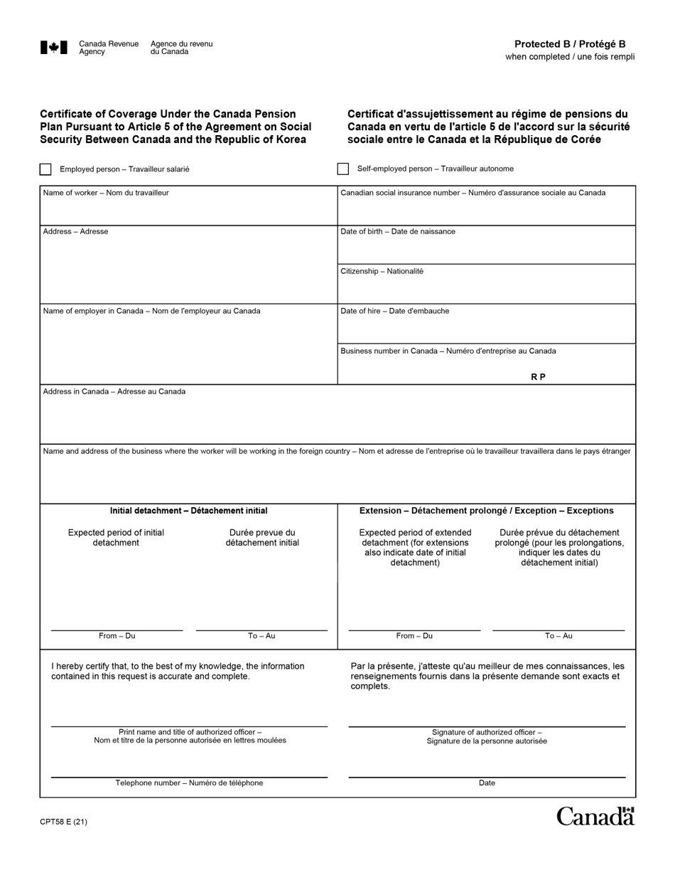 Form CPT58 Certificate of Coverage Under the Canada Pension Plan Pursuant to Article 5 of the Agreement on Social Security Between Canada and the Republic of Korea - Canada (English / French), Page 1