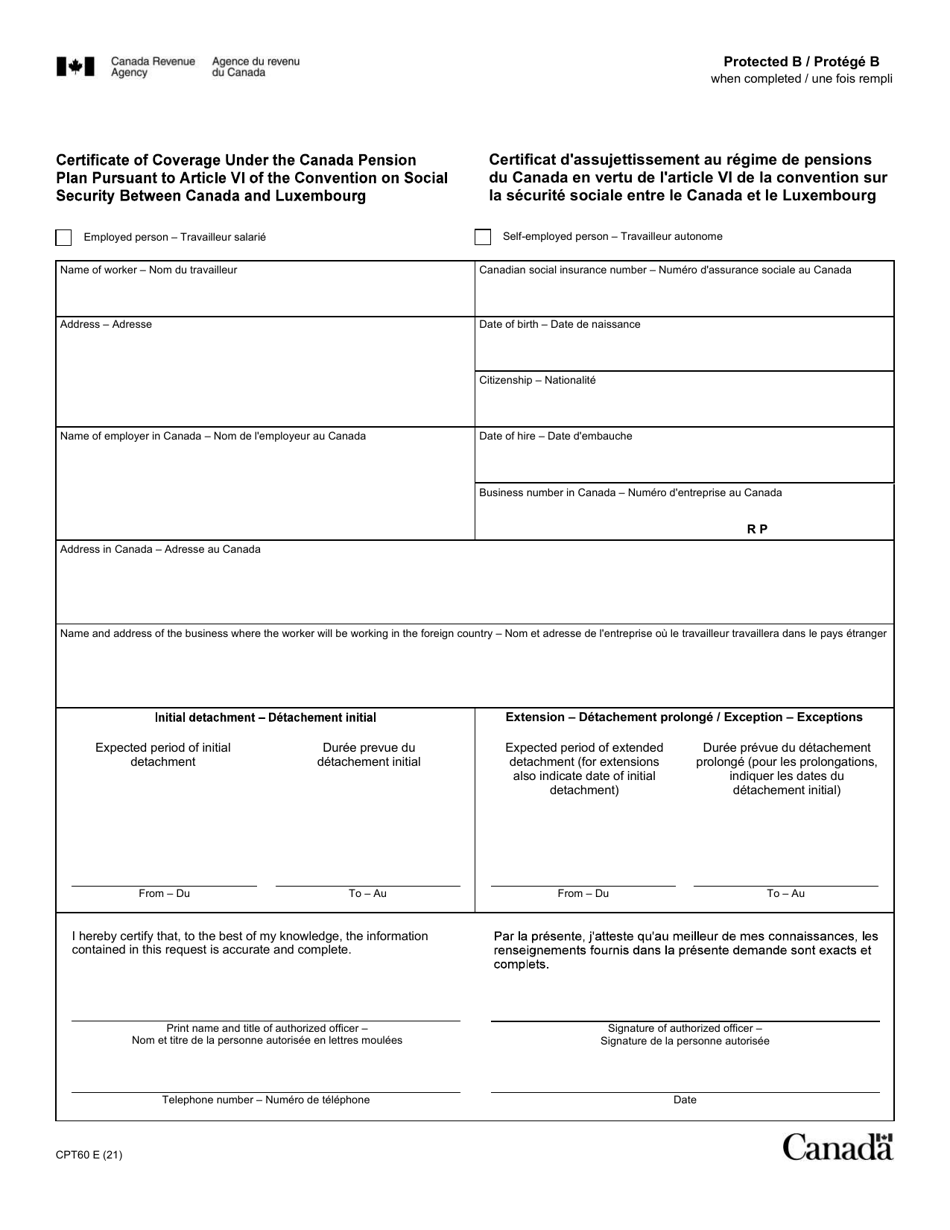 Form CPT60 Certificate of Coverage Under the Canada Pension Plan Pursuant to Article VI of the Convention on Social Security Between Canada and Luxembourg - Canada (English / French), Page 1