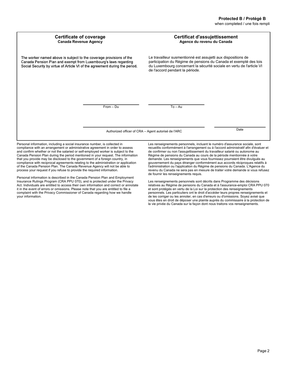 Form CPT60 Certificate of Coverage Under the Canada Pension Plan Pursuant to Article VI of the Convention on Social Security Between Canada and Luxembourg - Canada (English / French), Page 2