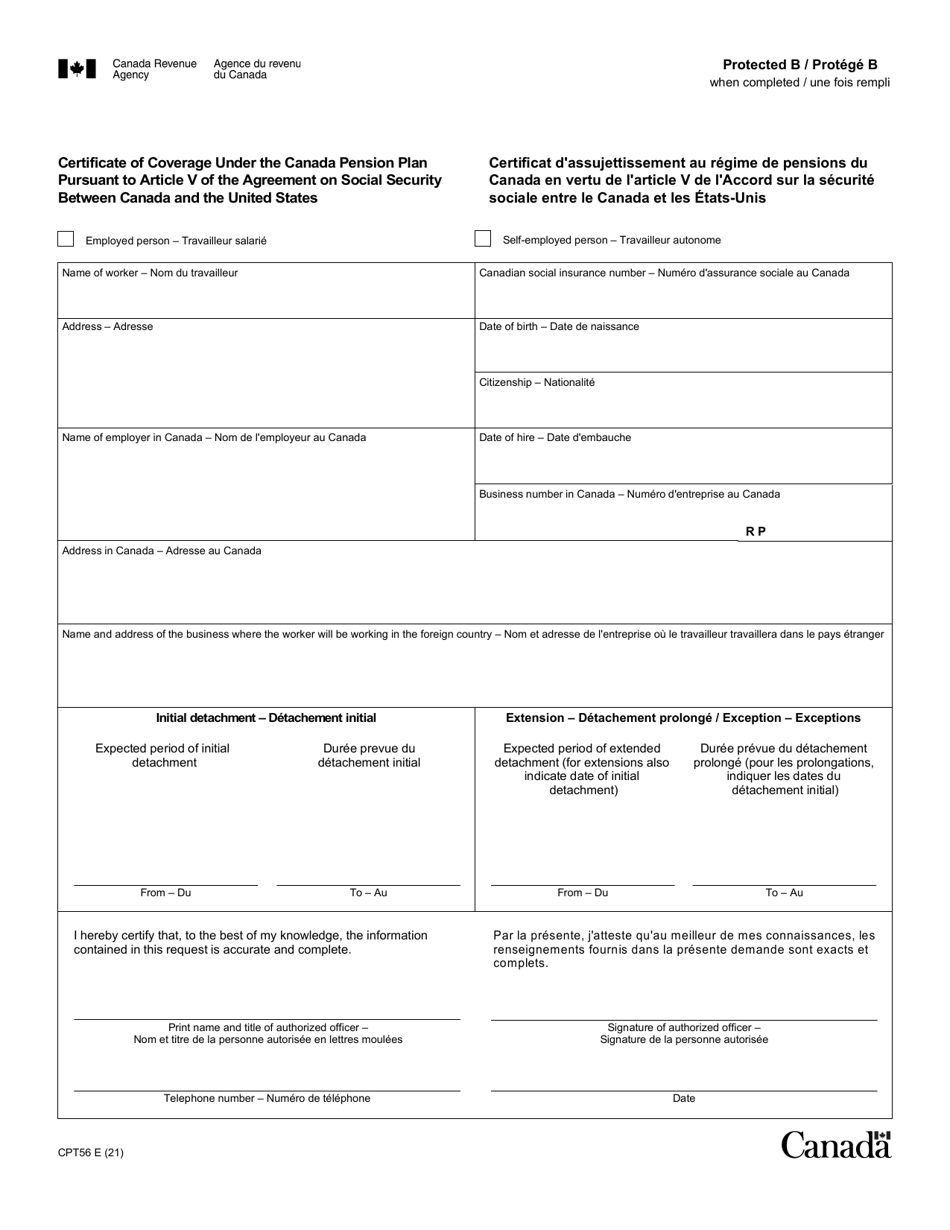 Form CPT56 Certificate of Coverage Under the Canada Pension Plan Pursuant to Article V of the Agreement on Social Security Between Canada and the United States - Canada (English / French), Page 1
