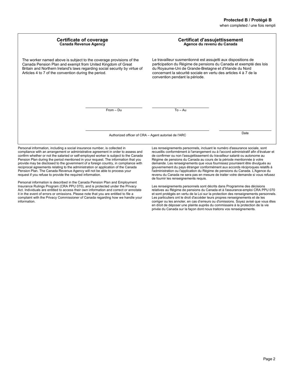 Form CPT71 Certificate of Coverage Under the Cpp Pursuant to Articles 4 to 7 of the Convention on Social Security Between the Government of Canada and the Government of the United Kingdom - Canada (English / French), Page 2