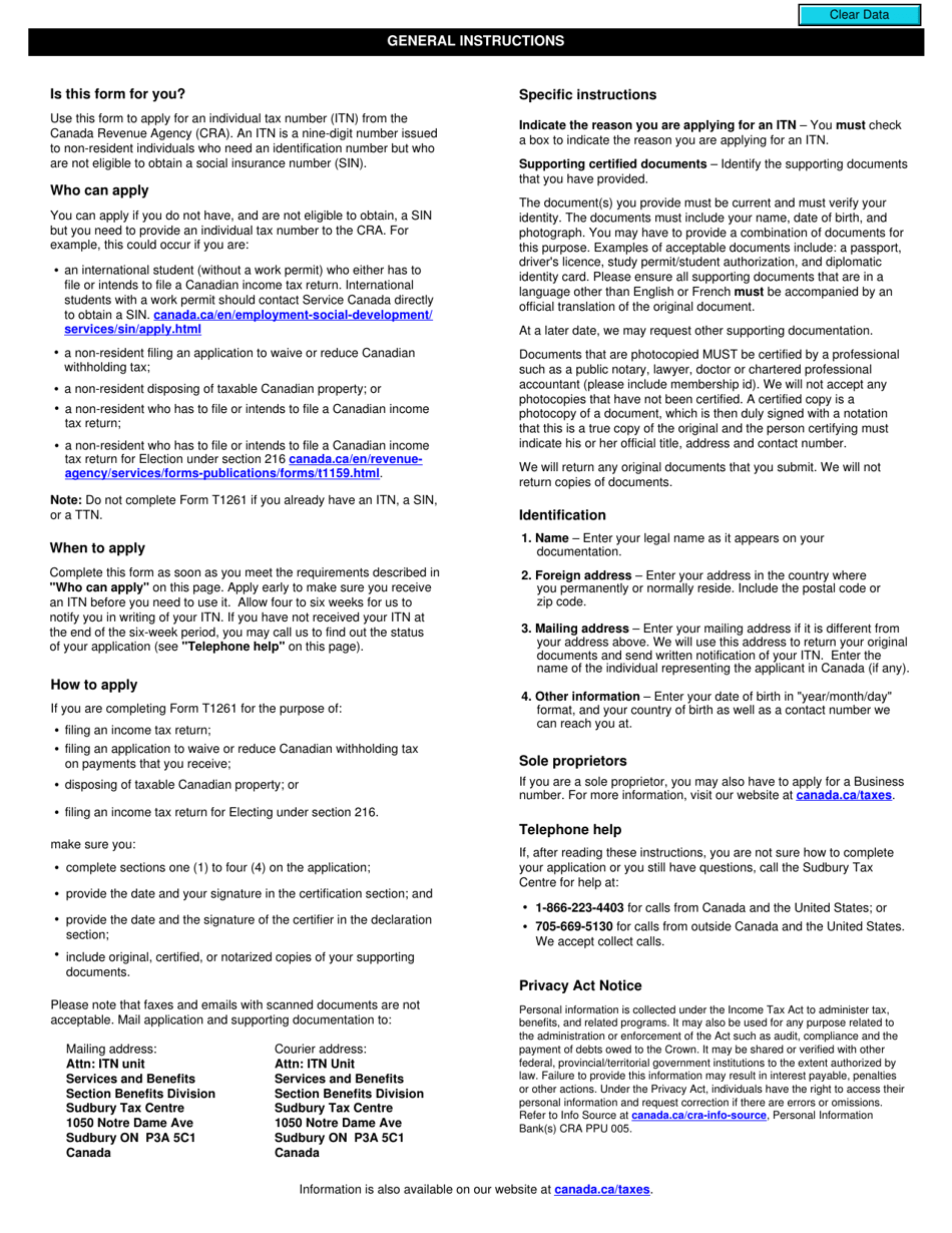 Form T1261 Application for a Canada Revenue Agency Individual Tax Number (Itn) for Non-residents - Canada, Page 2