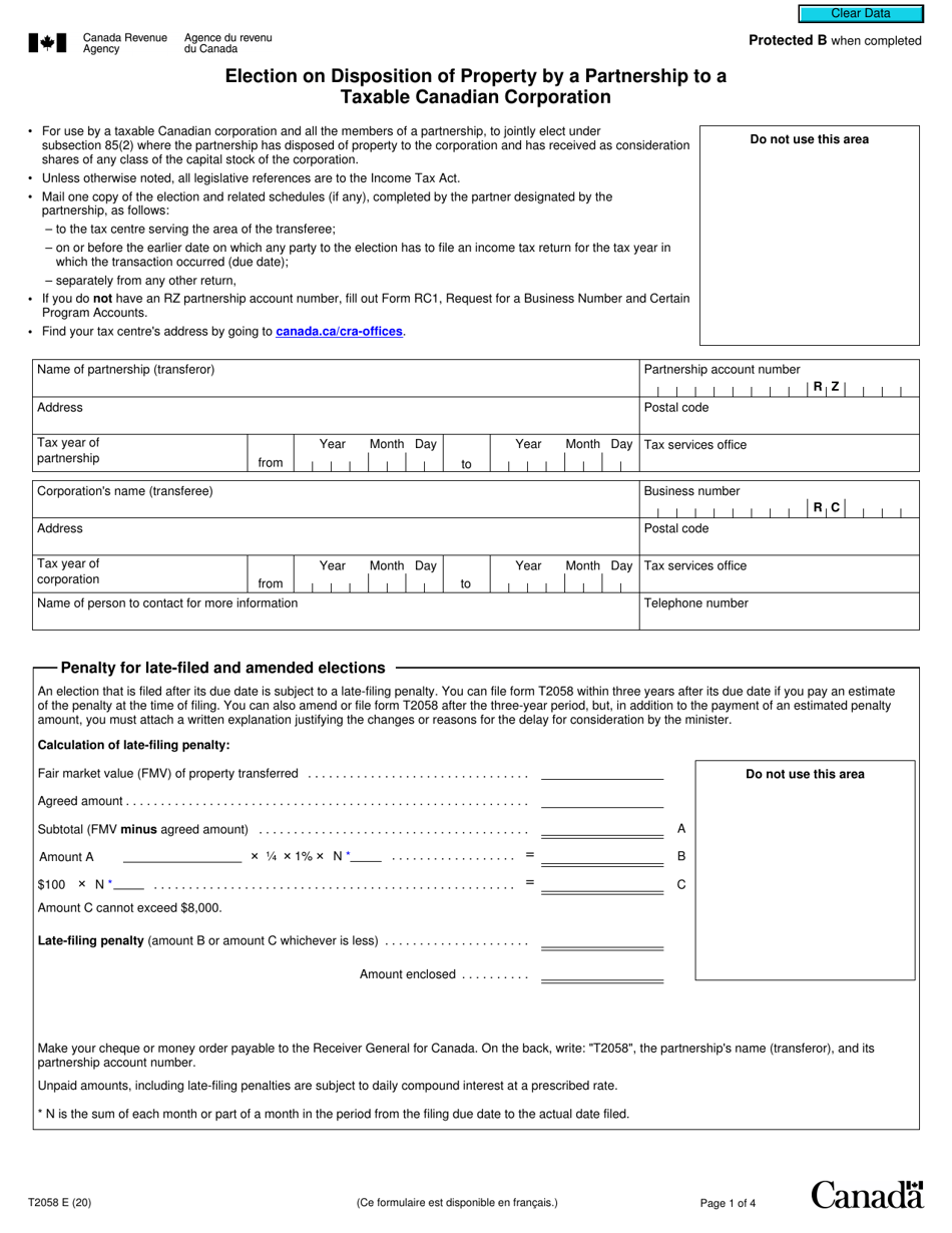 Form T2058 Election on Disposition of Property by a Partnership to a Taxable Canadian Corporation - Canada, Page 1