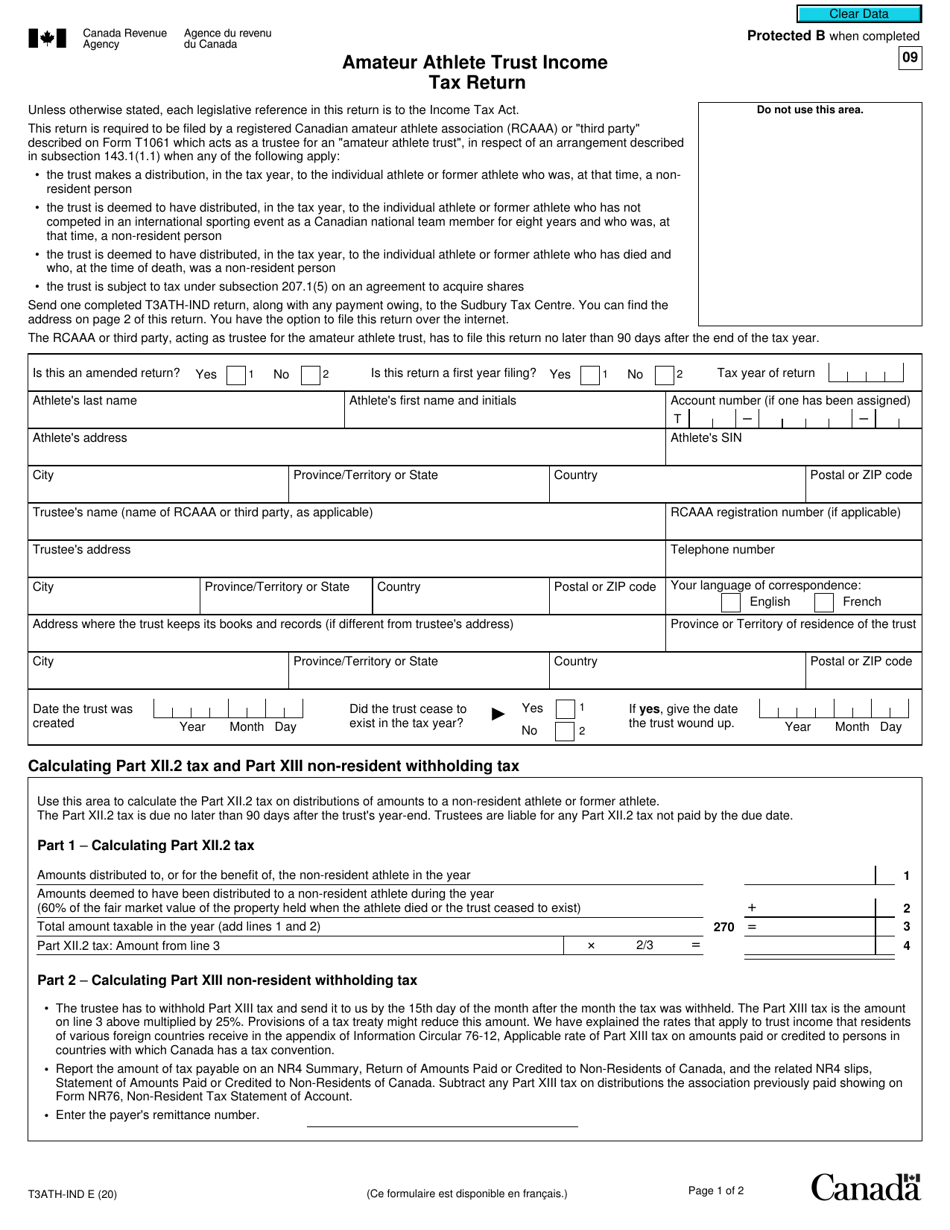 Form T3ATH-IND Amateur Athlete Trust Income Tax Return - Canada, Page 1