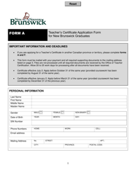 Form A Teacher&#039;s Certificate Application Form for New Brunswick Graduates - New Brunswick, Canada