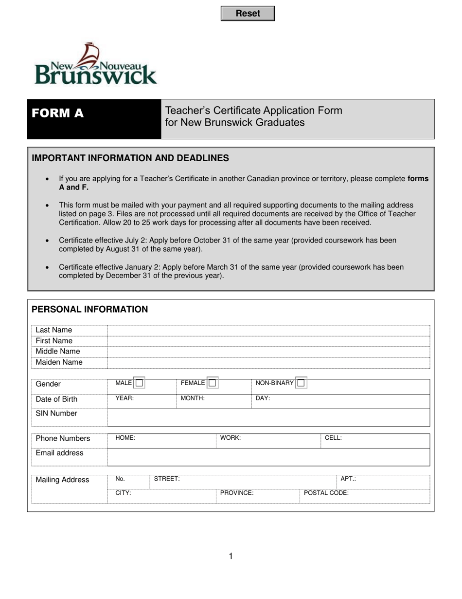 Form A Teachers Certificate Application Form for New Brunswick Graduates - New Brunswick, Canada, Page 1