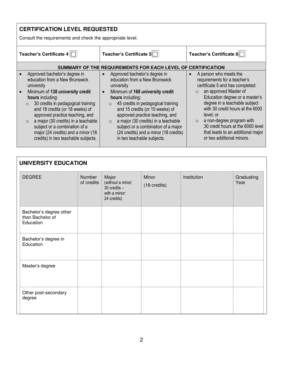 Form A Teachers Certificate Application Form for New Brunswick Graduates - New Brunswick, Canada, Page 2