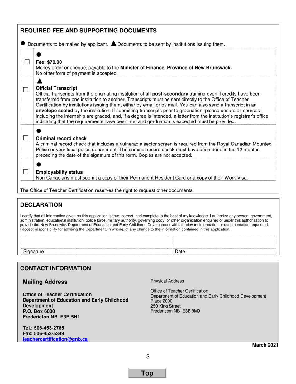 Form A Teachers Certificate Application Form for New Brunswick Graduates - New Brunswick, Canada, Page 3