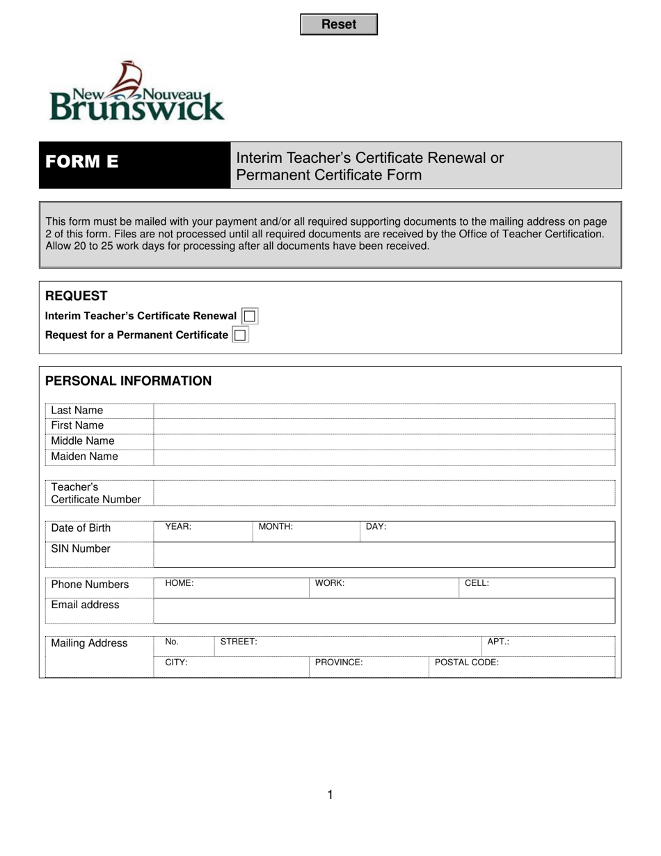 Form E Interim Teacher's Certificate Renewal or Permanent Certificate Form - New Brunswick, Canada, Page 1