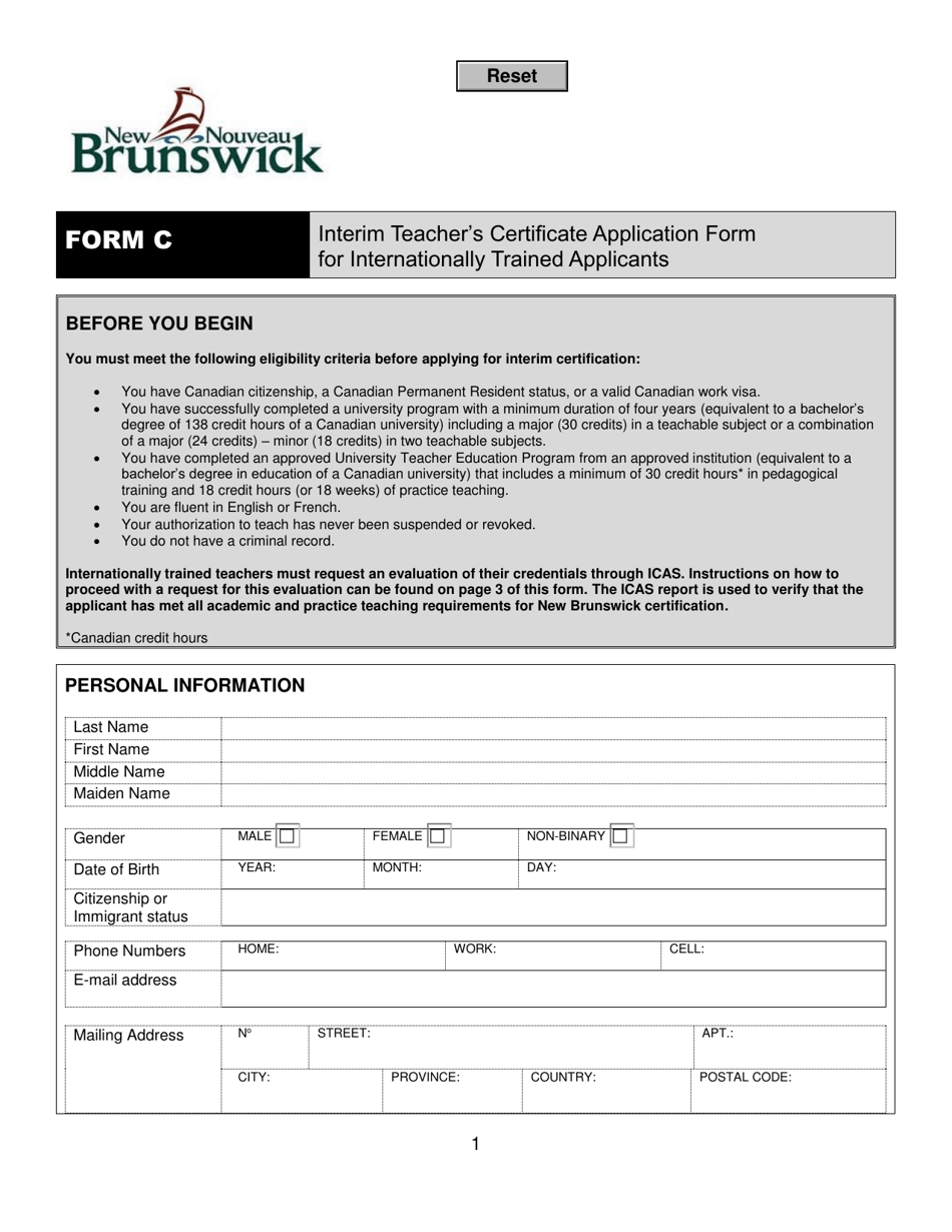 Form C Interim Teachers Certificate Application Form for Internationally Trained Applicants - New Brunswick, Canada, Page 1