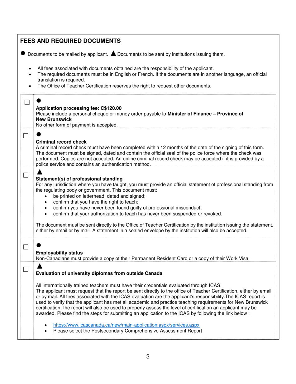 Form C Interim Teachers Certificate Application Form for Internationally Trained Applicants - New Brunswick, Canada, Page 3