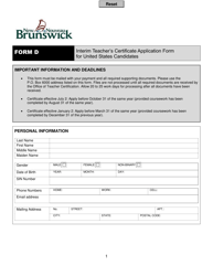 Form D Interim Teacher&#039;s Certificate Application Form for United States Candidates - New Brunswick, Canada