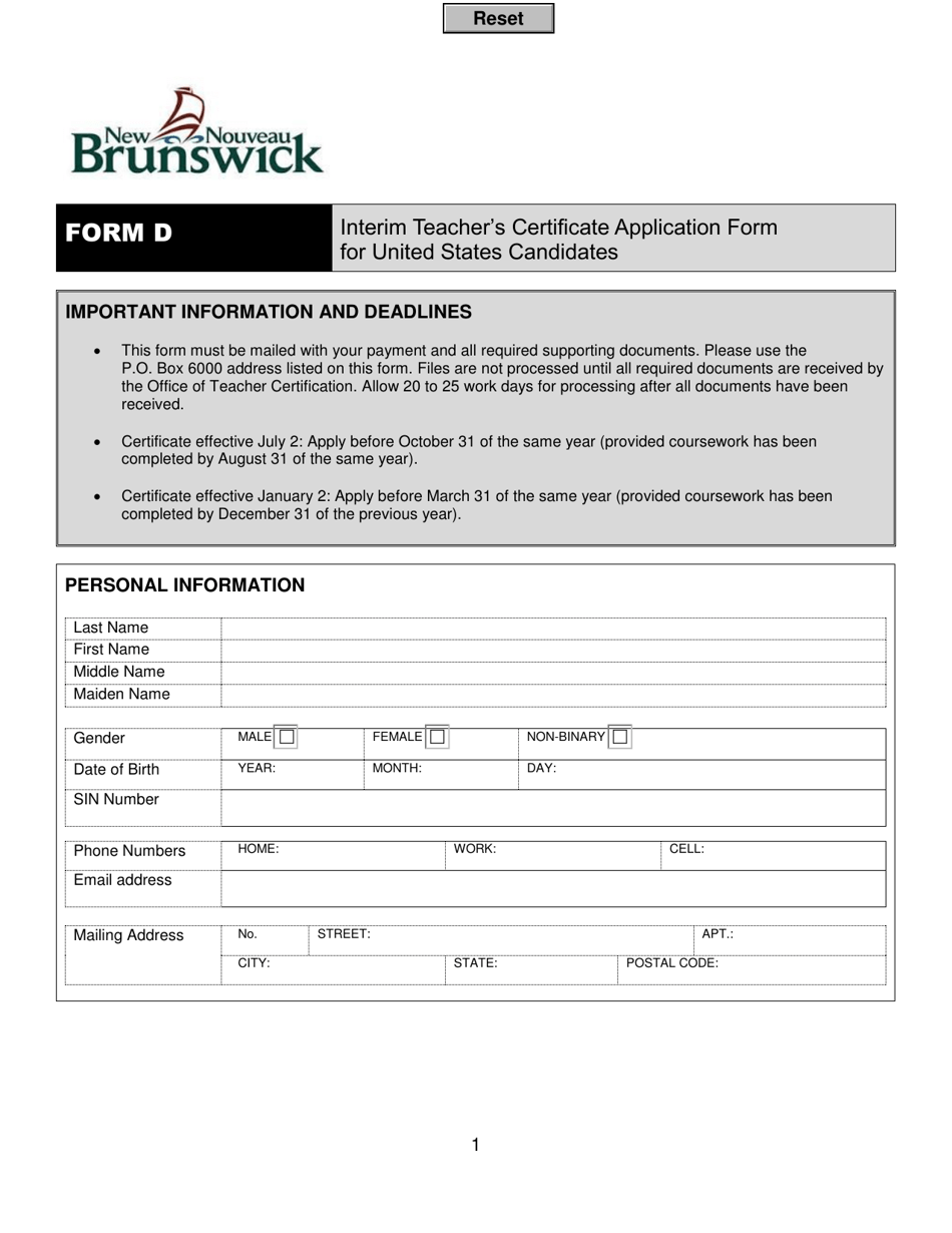 Form D Interim Teachers Certificate Application Form for United States Candidates - New Brunswick, Canada, Page 1