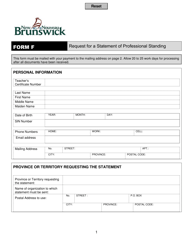 Document preview: Form F Request for a Statement of Professional Standing - New Brunswick, Canada