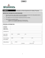 Form G Evaluation of Work Experience for Salary Purpose - New Brunswick, Canada