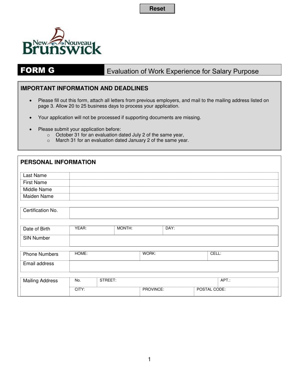 Form G Evaluation of Work Experience for Salary Purpose - New Brunswick, Canada, Page 1