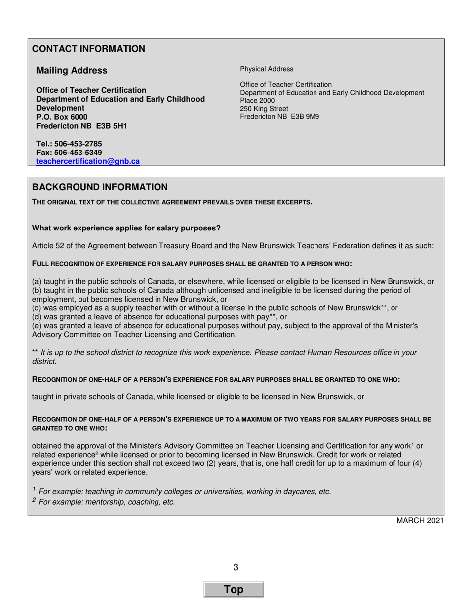 Form G Evaluation of Work Experience for Salary Purpose - New Brunswick, Canada, Page 3