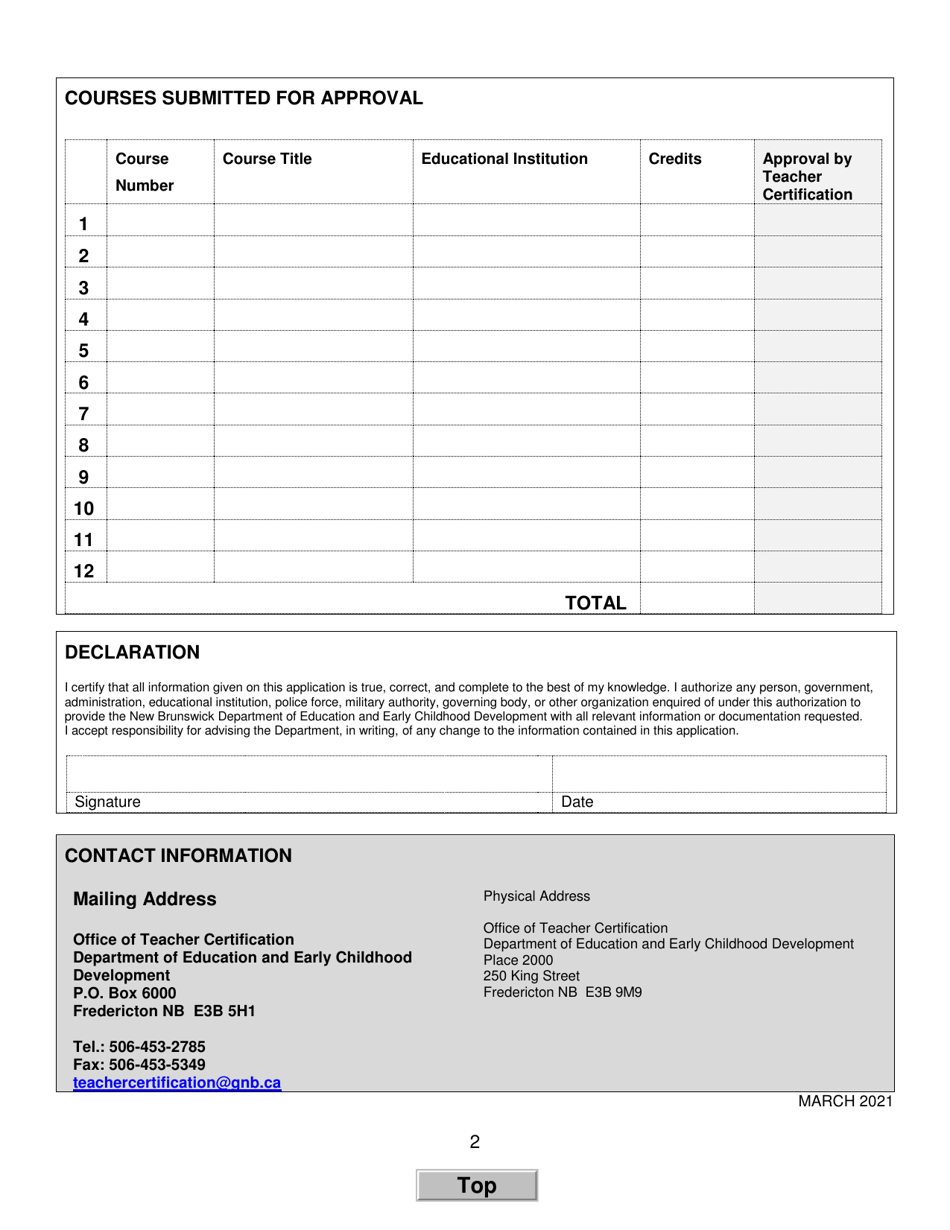 Form I Course Approval Form for a Level 5 Certificate - New Brunswick, Canada, Page 2