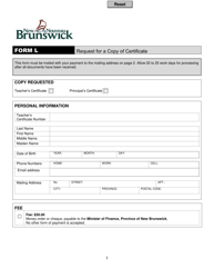 Document preview: Form L Request for a Copy of Certificate - New Brunswick, Canada