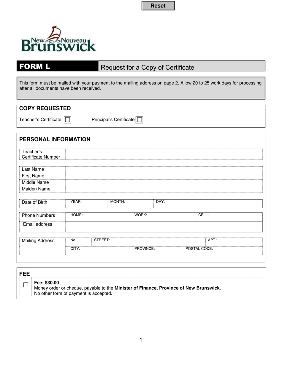 Form L Request for a Copy of Certificate - New Brunswick, Canada, Page 1
