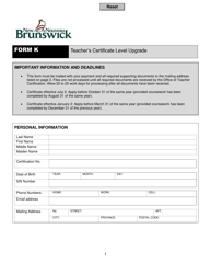 Form K Teacher's Certificate Level Upgrade - New Brunswick, Canada