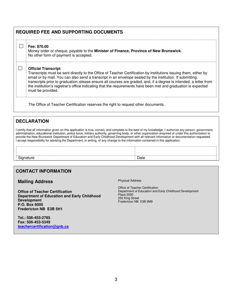 Form K Teachers Certificate Level Upgrade - New Brunswick, Canada, Page 3