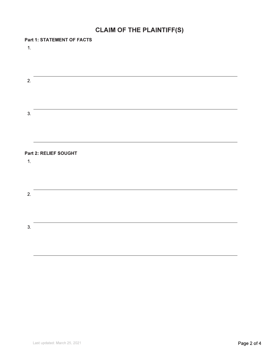 Form 1 Notice of Civil Claim - British Columbia, Canada, Page 2