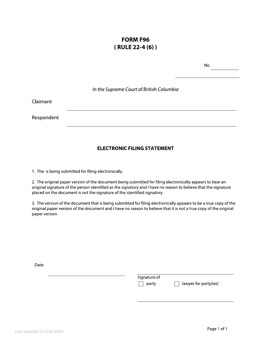 Form F96 Electronic Filing Statement - British Columbia, Canada, Page 1
