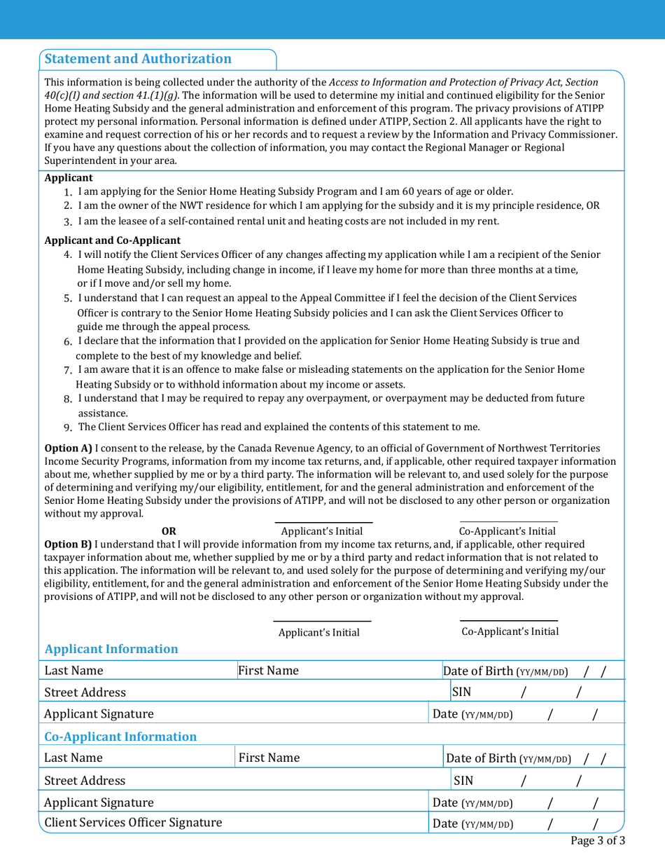 Application for Senior Home Heating Subsidy - Northwest Territories, Canada, Page 3