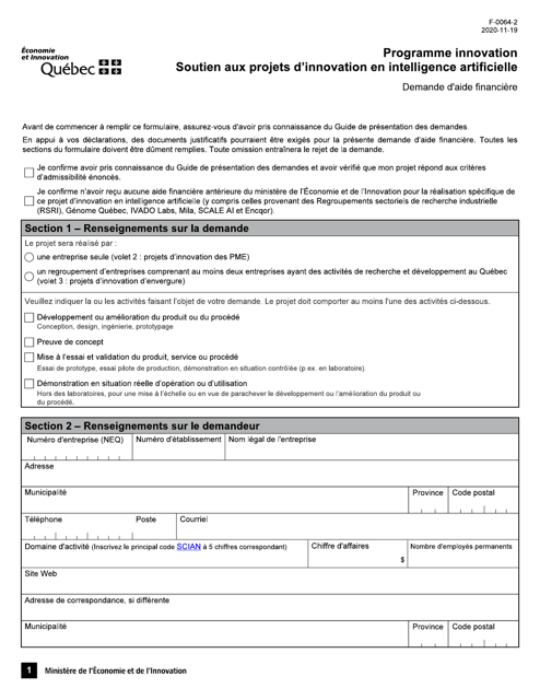 Forme F-0064-2 Volet 2 Formulaire De Demande D'aide Financiere - Programme Innovation Soutien Aux Projets D'innovation En Intelligence Artificielle - Quebec, Canada (French)