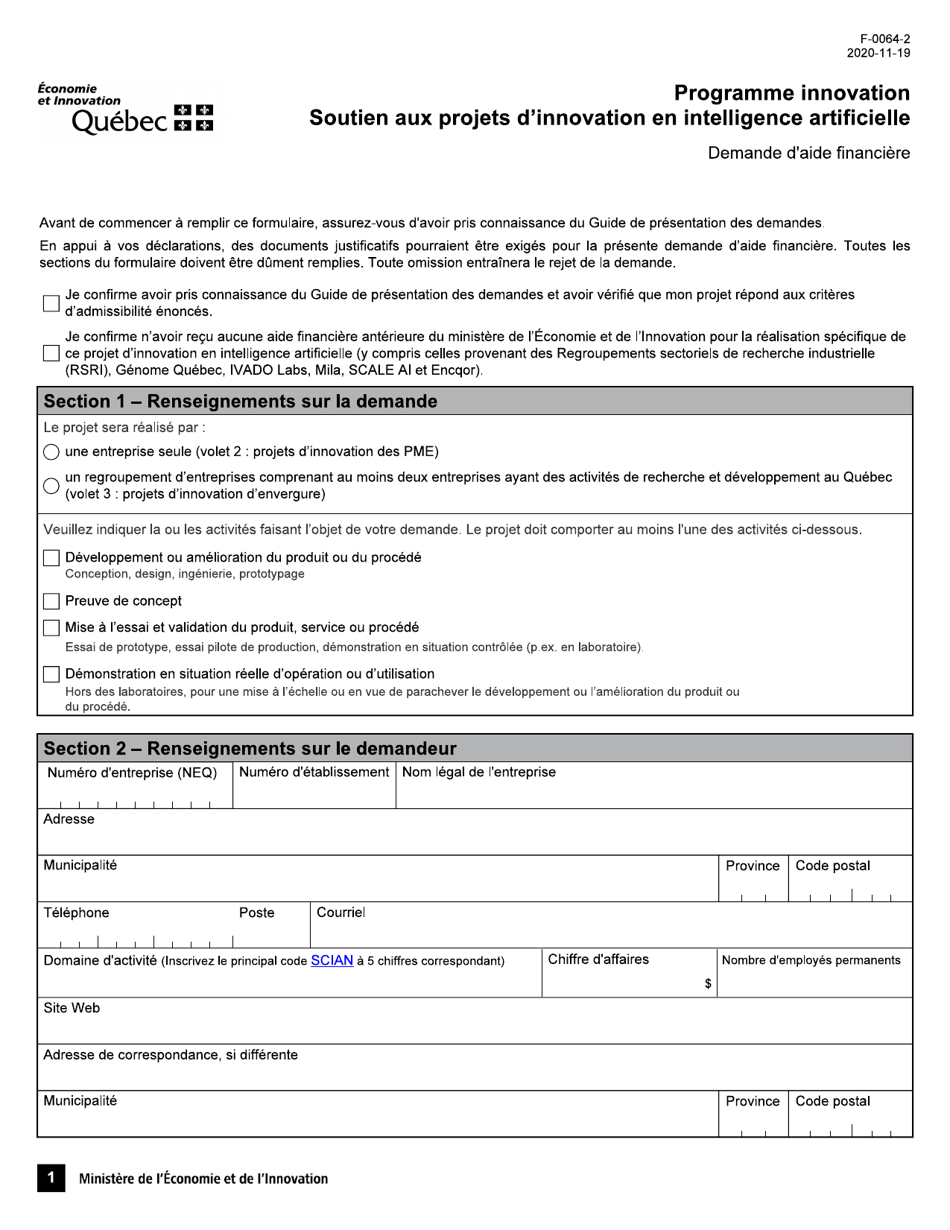Forme F-0064-2 Volet 2 Formulaire De Demande Daide Financiere - Programme Innovation Soutien Aux Projets Dinnovation En Intelligence Artificielle - Quebec, Canada (French), Page 1
