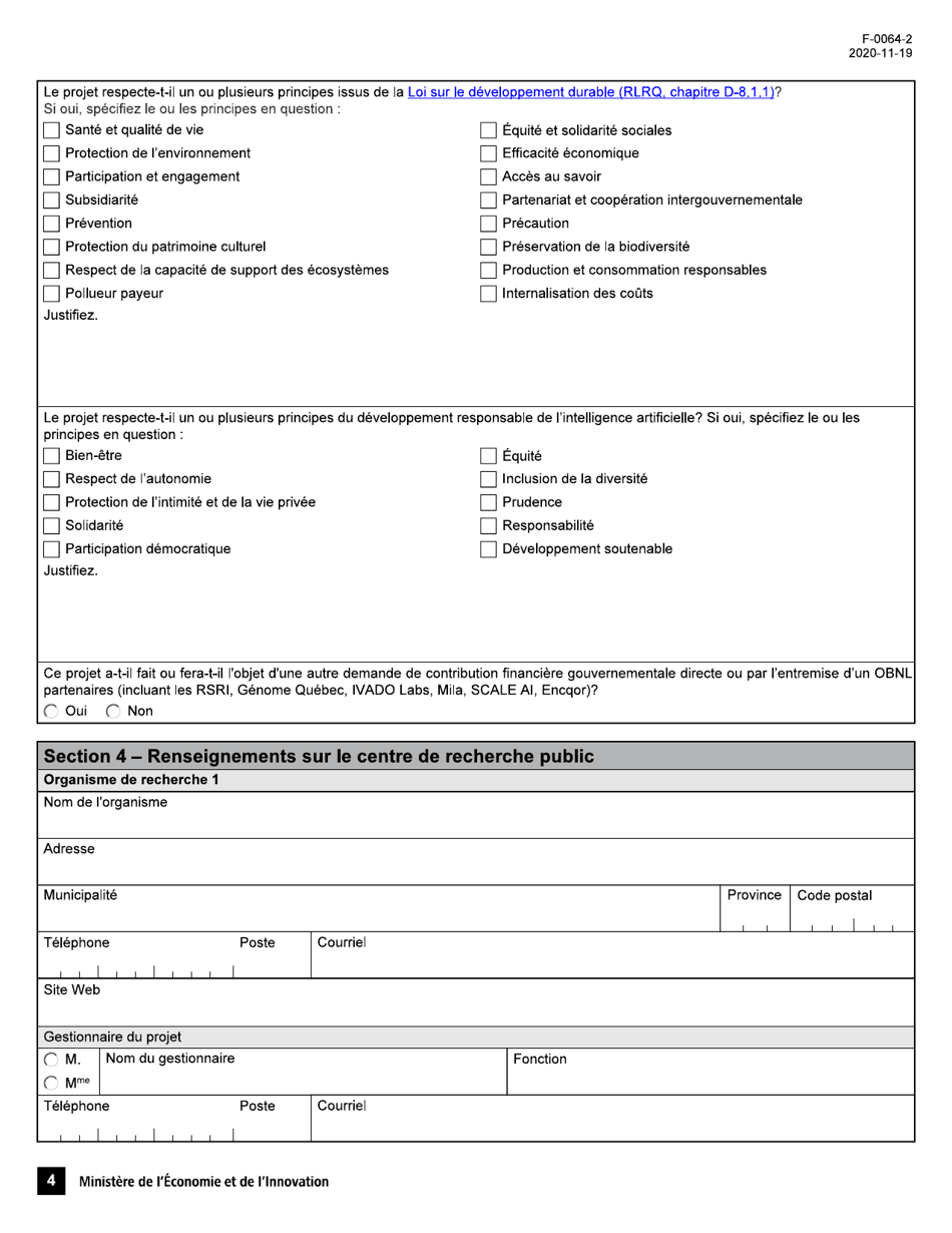 Forme F-0064-2 Volet 2 Formulaire De Demande Daide Financiere - Programme Innovation Soutien Aux Projets Dinnovation En Intelligence Artificielle - Quebec, Canada (French), Page 4