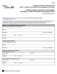 Forme F-0096 Volet 1 Formulaire De Demande D'aide Financiere - Appel De Projets D'innovation En Technologies Quantiques - Quebec, Canada (French)