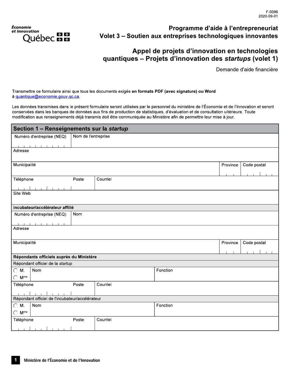 Forme F-0096 Volet 1 Formulaire De Demande Daide Financiere - Appel De Projets Dinnovation En Technologies Quantiques - Quebec, Canada (French), Page 1
